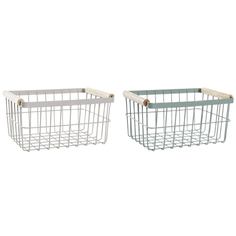 Cesta de Varilla DKD Home Decor Verde Beige Metal Pino Vintage 30,5 x 20 x 14,5 cm (2 Unidades)