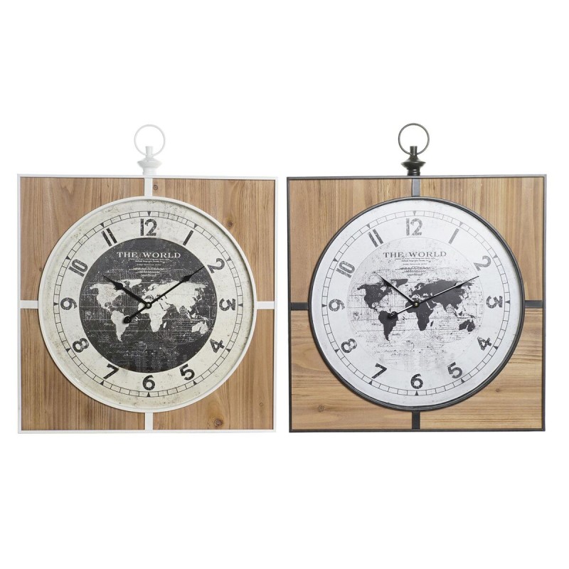 Reloj de Pared DKD Home Decor Negro Blanco Hierro Vintage 60 x 4,5 x 60 cm Madera MDF Mapamundi (2 Unidades)