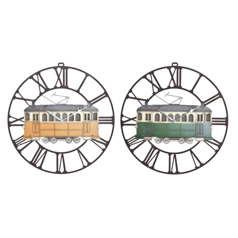 Reloj de Pared DKD Home Decor 49,5 x 3,5 x 48 cm Metal Verde Amarillo Vintage Tren (2 Unidades)