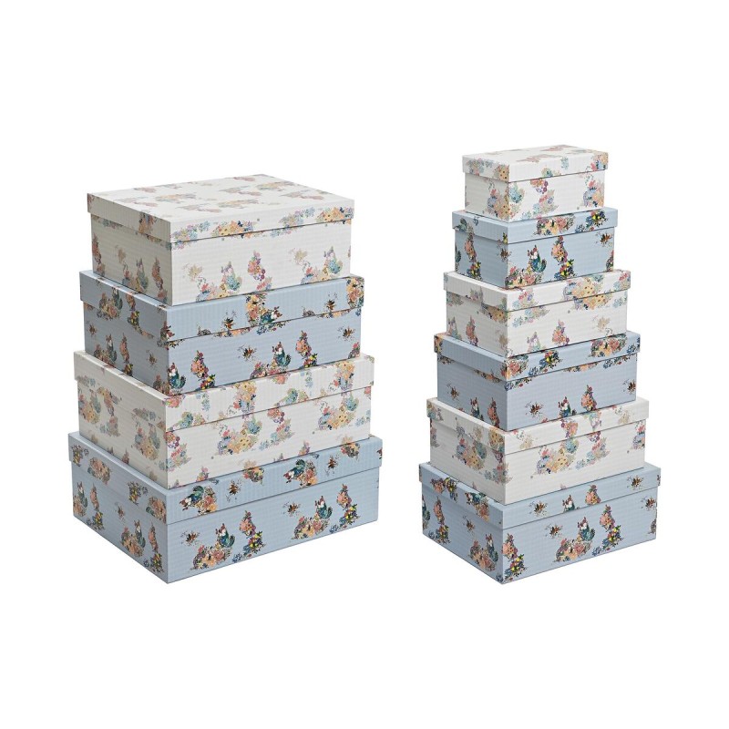 Set de Cajas Organizadoras Apilables DKD Home Decor Azul Blanco Flores Cartón (43,5 x 33,5 x 15,5 cm)