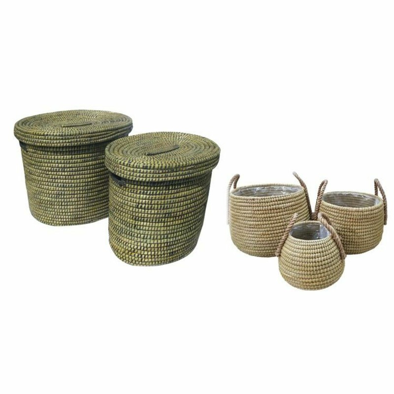 Juego de Cestas DKD Home Decor Con Tapa 55 x 55 x 50 cm 58 x 46 x 50 cm Natural Negro Blanco Boho