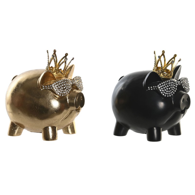 Figura Decorativa DKD Home Decor 13,5 x 11 x 14 cm Negro Dorado Cerdo (2 Unidades)