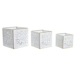 Set de Maceteros DKD Home Decor Hojas Dorado Metal 15 x 15 x 15 cm Blanco Tropical Hoja de planta