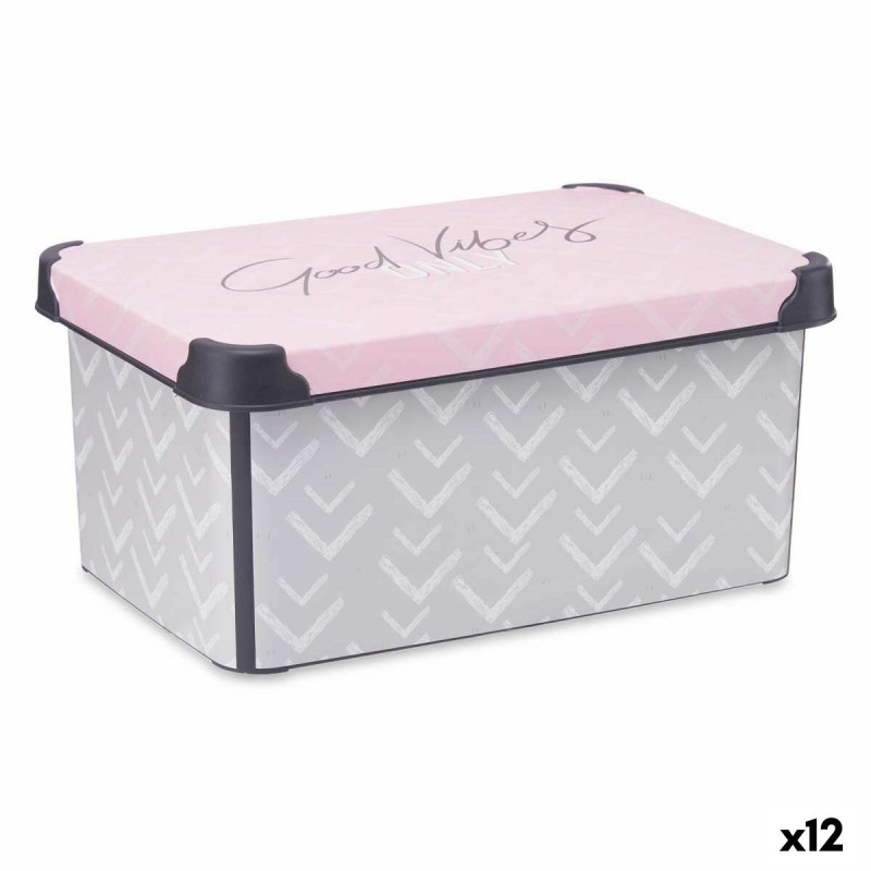 Caja de Almacenaje con Tapa Vibes Gris Rosa Plástico 10 L (22,7 x 16,5 x 34,5 cm) (12 Unidades)