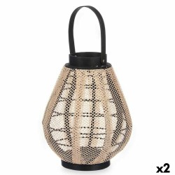 Portavelas Farol Con asa Beige Madera Tela 25 x 30 x 25 cm (2 Unidades)