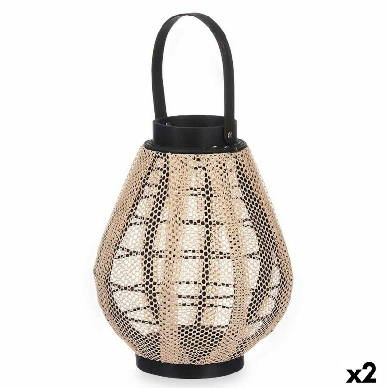 Portavelas Farol Con asa Beige Madera Tela 25 x 30 x 25 cm (2 Unidades)