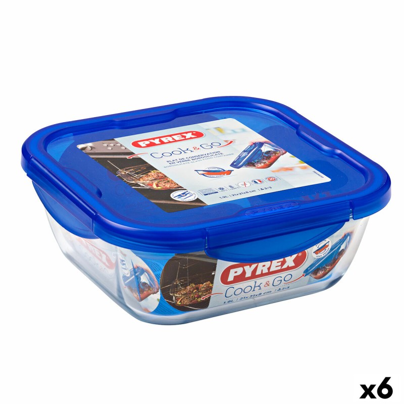 Fiambrera Hermu00e9tica Pyrex Cook & go 21 x 21 x 9 cm Azul 1,9 L Vidrio (6 Unidades)