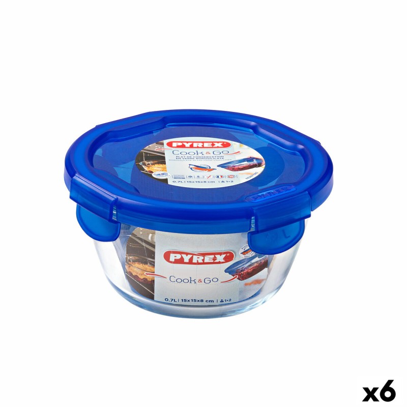 Fiambrera Hermu00e9tica Pyrex Cook & go 15,5 x 15,5 x 8,5 cm Azul 700 ml Vidrio (6 Unidades)