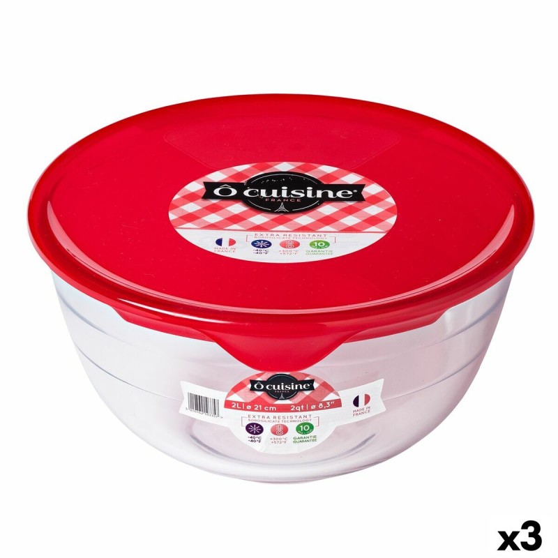 Fiambrera Redonda con Tapa u00d4 Cuisine Prep&store Ocu Rojo 2 L 22 x 22 x 11 cm Vidrio (3 Unidades)