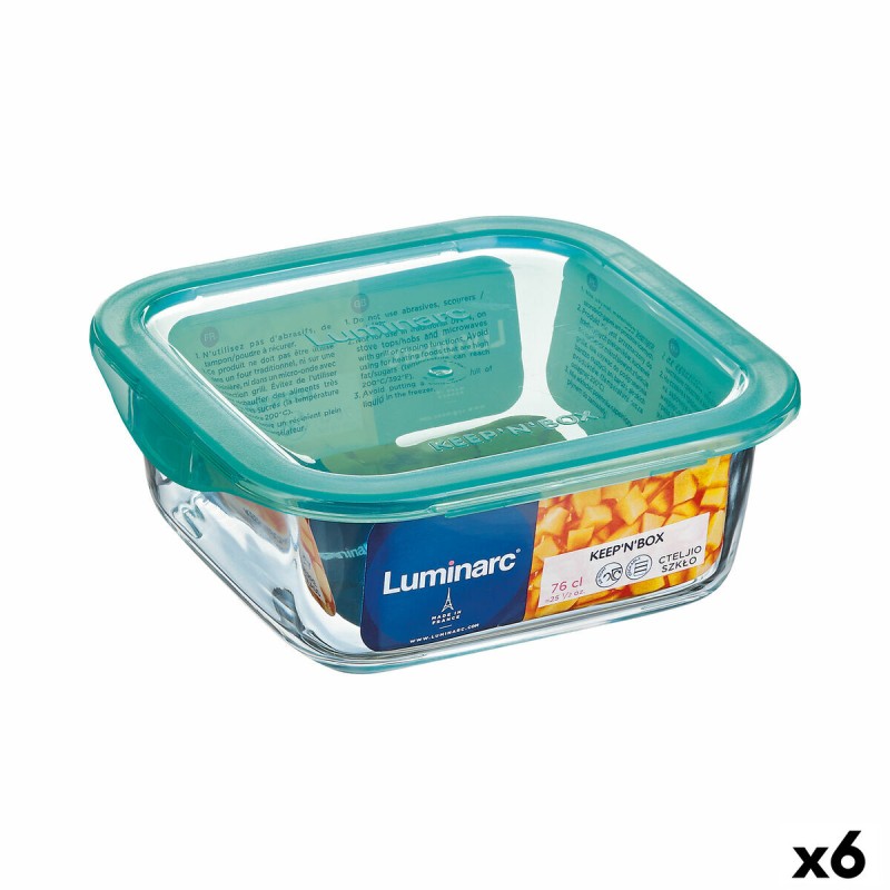 Fiambrera Cuadrada con Tapa Luminarc Keep'n Lagon 10 x 5,4 cm Turquesa 380 ml Bicolor Vidrio (6 Unidades)