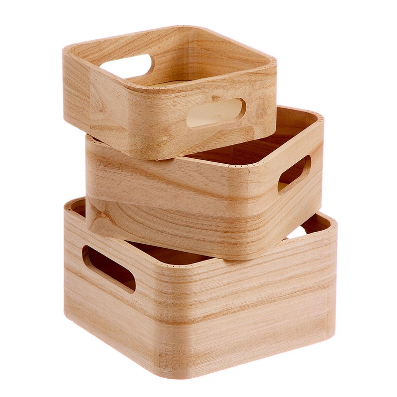 Set de Cajas Organizadoras Apilables Caison Natural Madera 18,5 x 18,5 x 10 cm 3 Piezas