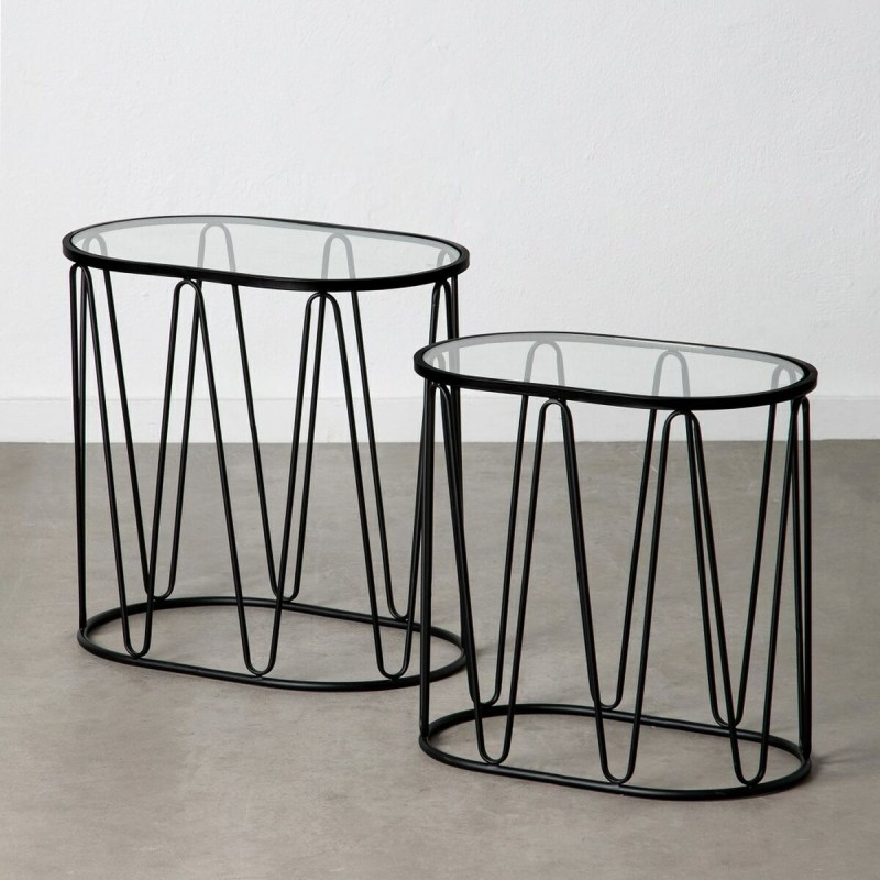 Mesa auxiliar 56 x 35,5 x 56 cm Cristal Negro Metal (2 Unidades)