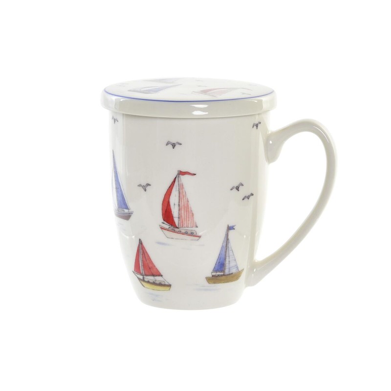 Taza con Filtro para Infusiones DKD Home Decor Velero Azul Blanco Rojo Acero Inoxidable Porcelana Veleros Mediterru00e1neo 380 m