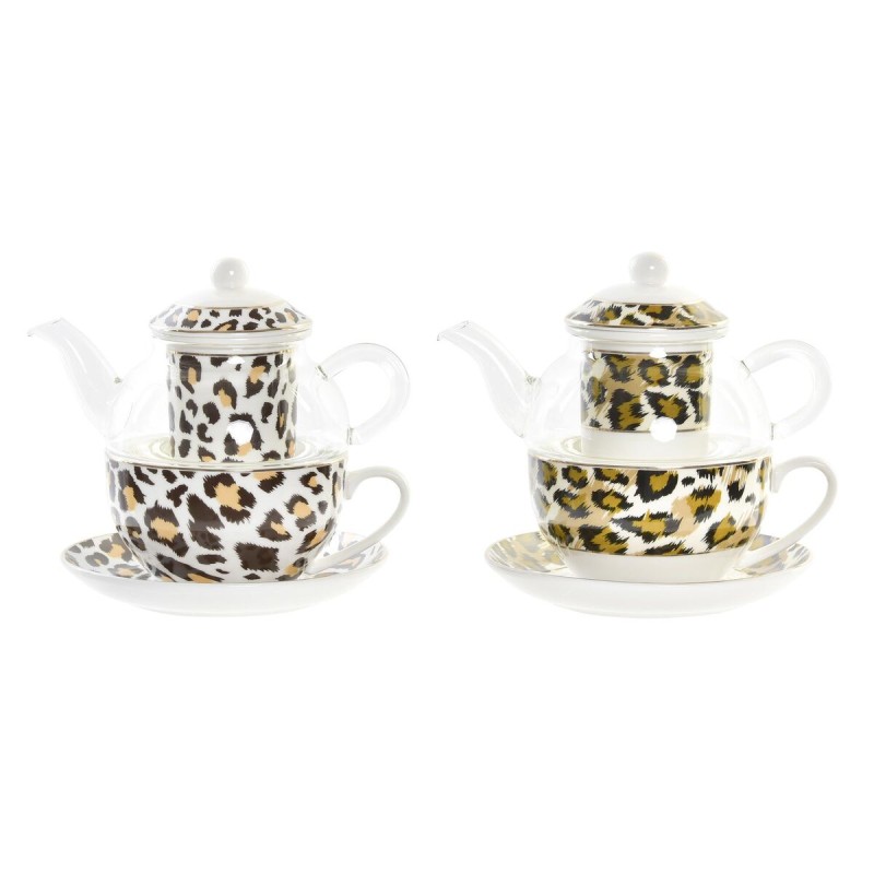 Tetera DKD Home Decor Leopardo Cristal Porcelana Marru00f3n Transparente Blanco (2 Unidades)