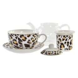 Tetera DKD Home Decor Leopardo Cristal Porcelana Marru00f3n Transparente Blanco (2 Unidades)