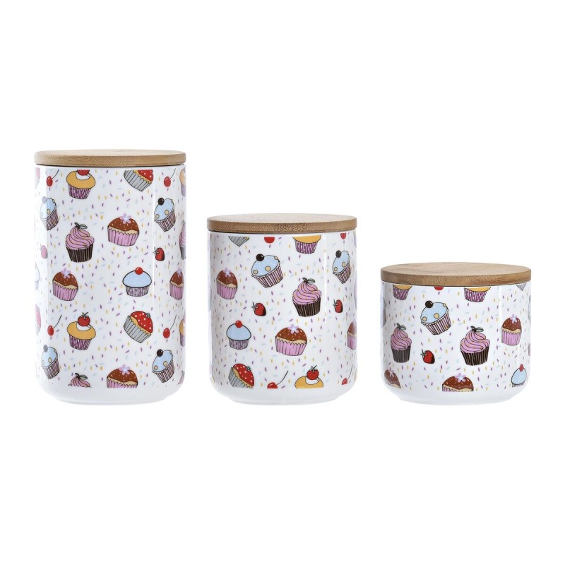 Set de 3 Botes DKD Home Decor Natural Blanco Multicolor Bambu00fa Gres 10 x 10 x 17 cm Cupcake