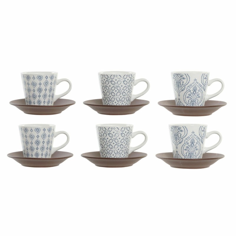 Juego de Tazas de Cafu00e9 DKD Home Decor Azul Marru00f3n Madera de caucho Blanco Gres 90 ml