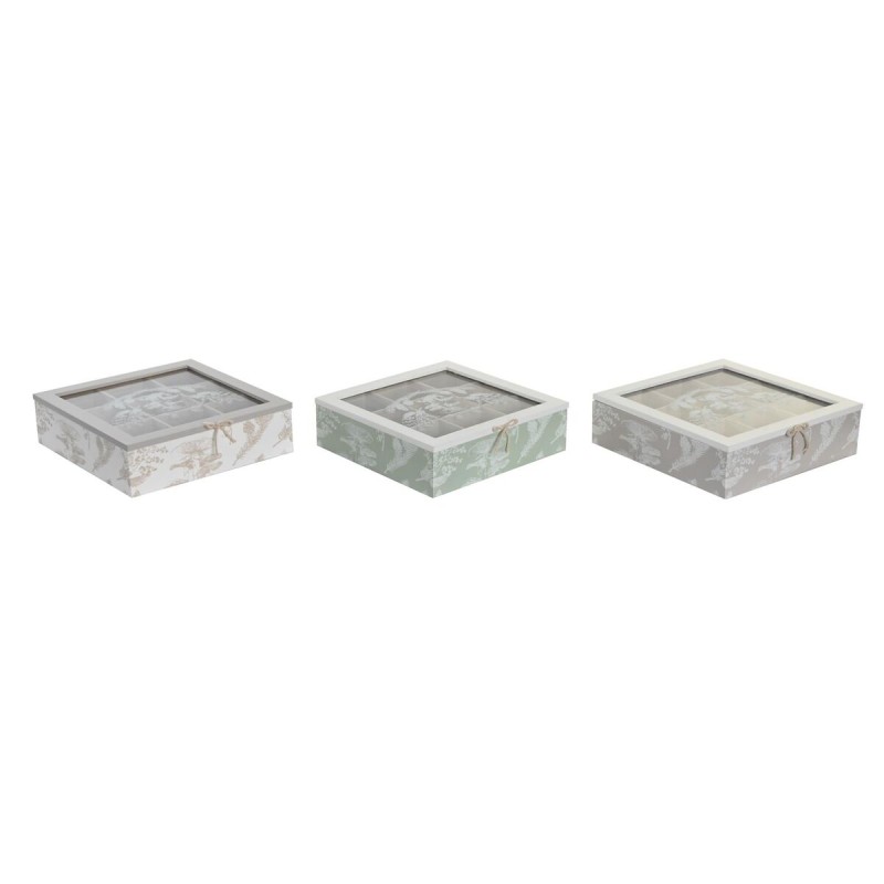 Caja para Infusiones DKD Home Decor 24,5 x 24,5 x 6 cm Cristal Beige Metal Terracota Blanco Verde Marru00f3n claro 3 Piezas Made