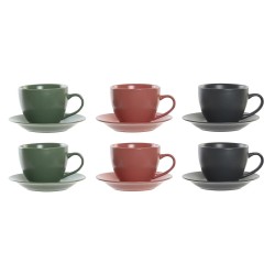 Juego de 6 Tazas con Plato DKD Home Decor Verde Rosa Gris oscuro Gres 150 ml 16 x 17 x 35 cm