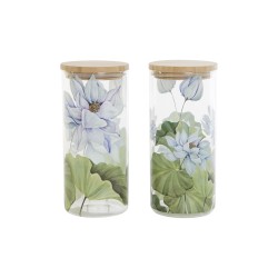 Bote DKD Home Decor Azul Blanco Verde Natural Silicona Bambu00fa Vidrio de Borosilicato 1,4 L 10 x 10 x 22 cm (2 Unidades)