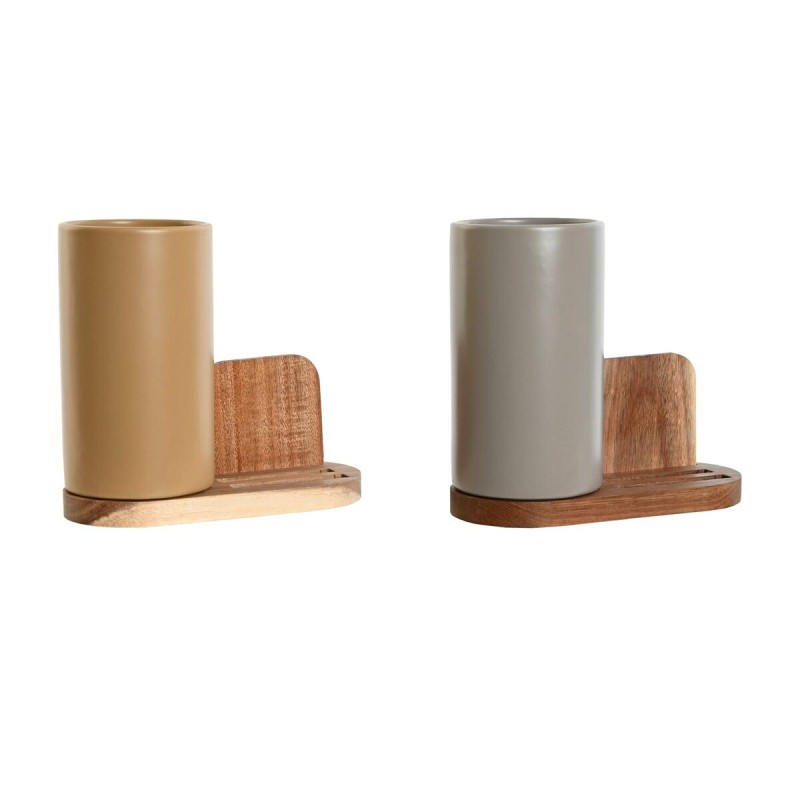 Bote para Utensilios de Cocina Home ESPRIT Beige Gris Marru00f3n oscuro Acacia Dolomita 20 x 9,5 x 18,5 cm (2 Unidades)