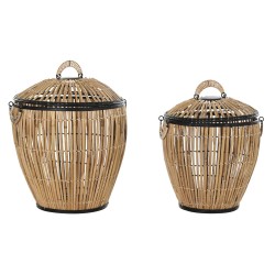 Juego de Cestos DKD Home Decor Negro Natural Metal Ratán 48 x 48 x 55 cm (2 Unidades)